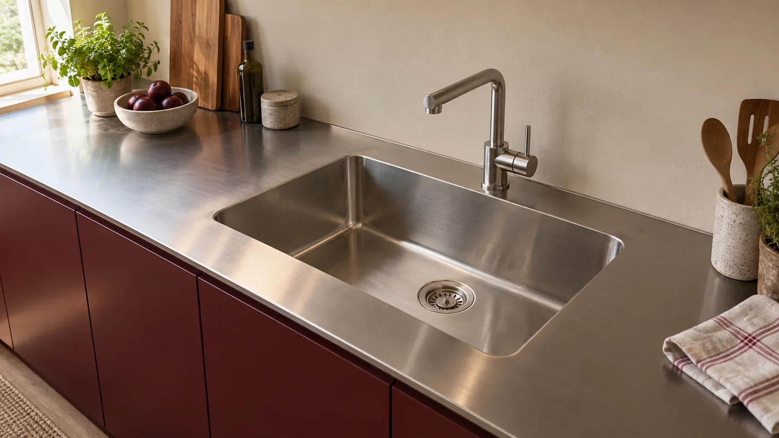 Integrated stainless-steel sink and worktop above burgundy residential cabinet fronts.