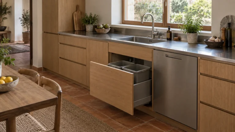 Oak-front home kitchen with a stainless-steel sink worktop and an open two-bin waste drawer.