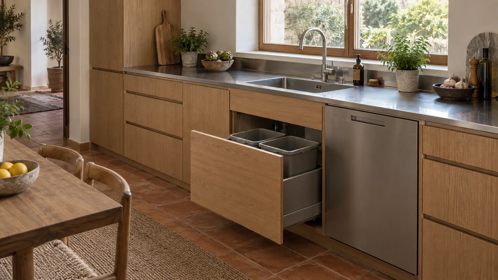 Oak-front home kitchen with a stainless-steel sink worktop and an open two-bin waste drawer.
