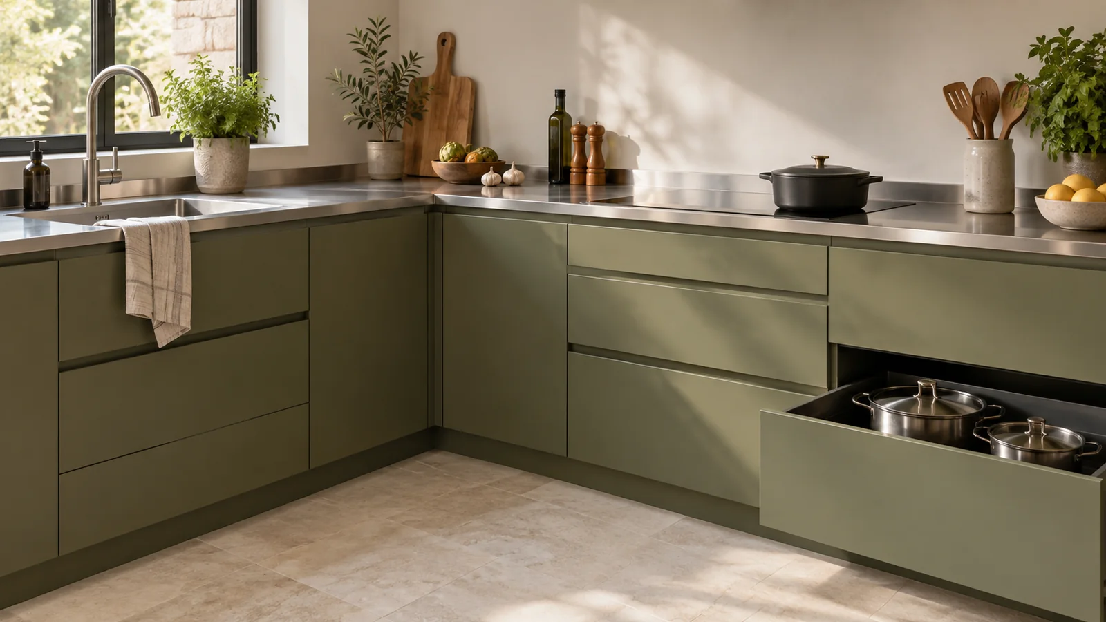 Olive-front L-shaped residential kitchen with stainless-steel worktops and an open pot drawer away from the inside corner.