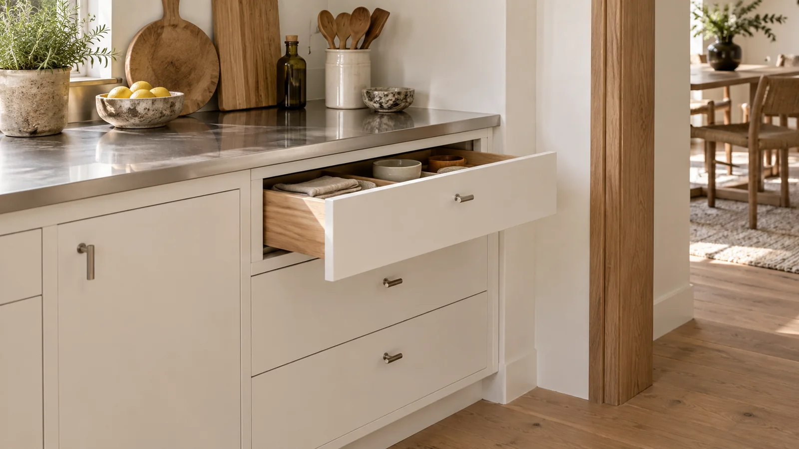 Cream kitchen drawer opening beside a matching wall-end filler and a timber-trimmed doorway.