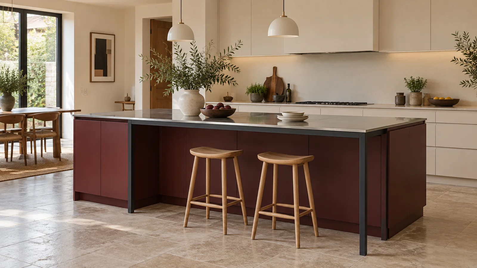 Burgundy-front home kitchen island with a stainless-steel worktop, charcoal support frame and two oak stools.