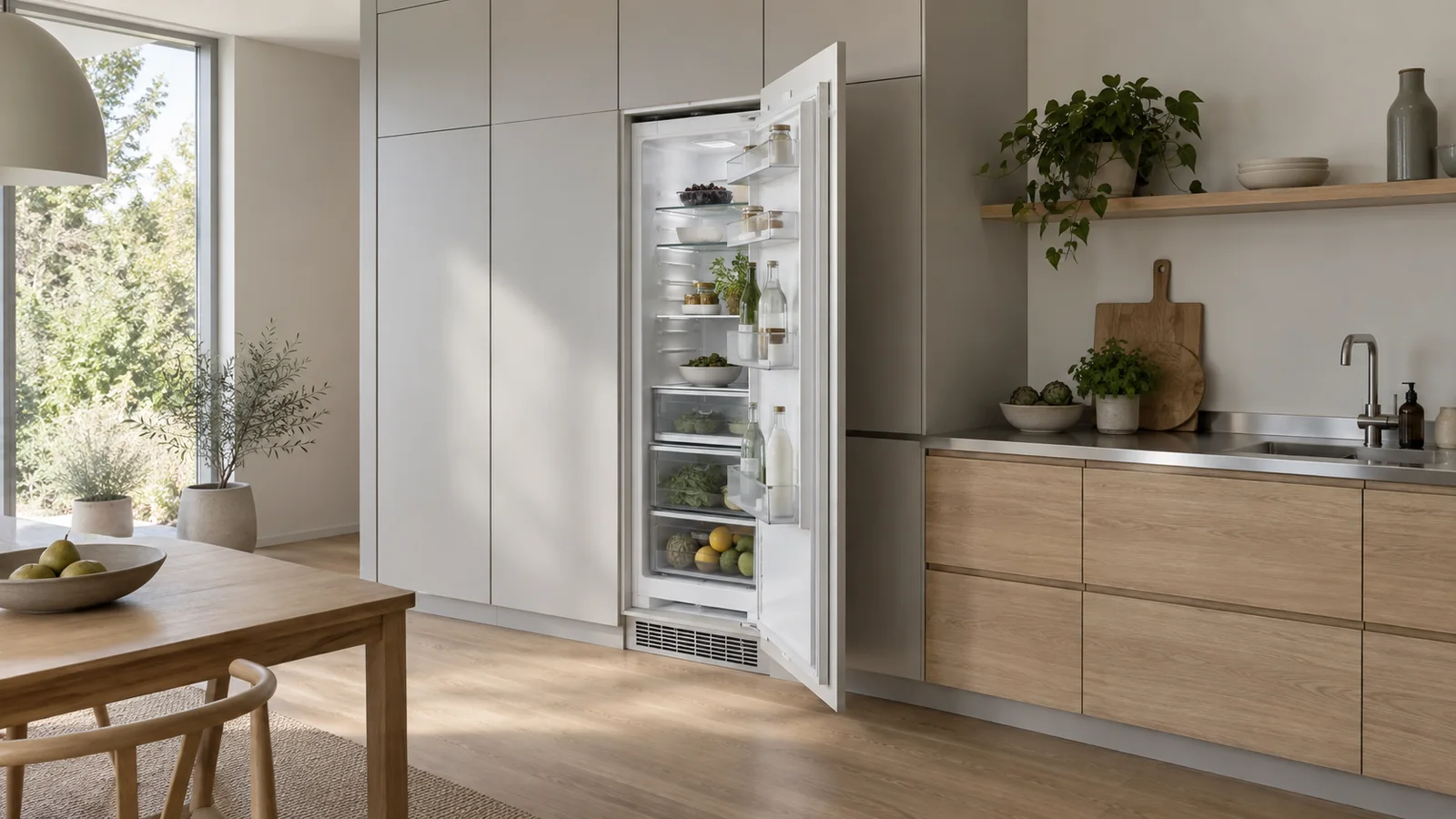 Integrated refrigerator with its matching pale-grey door open, beside oak cabinetry and a stainless-steel worktop.