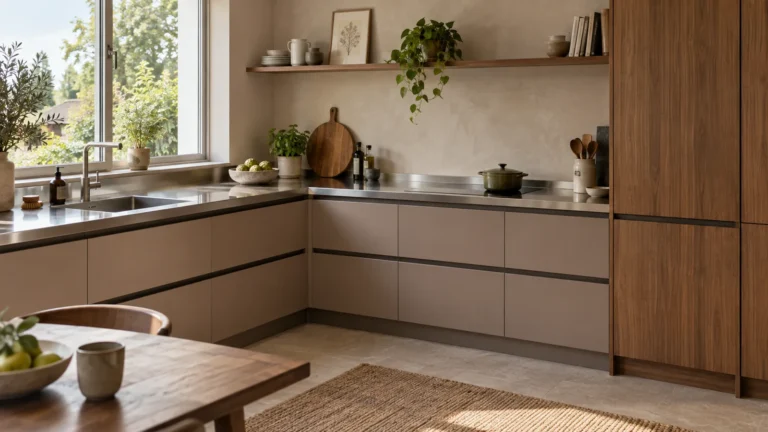 Warm taupe residential kitchen fronts with recessed grips beneath a thin stainless-steel worktop.