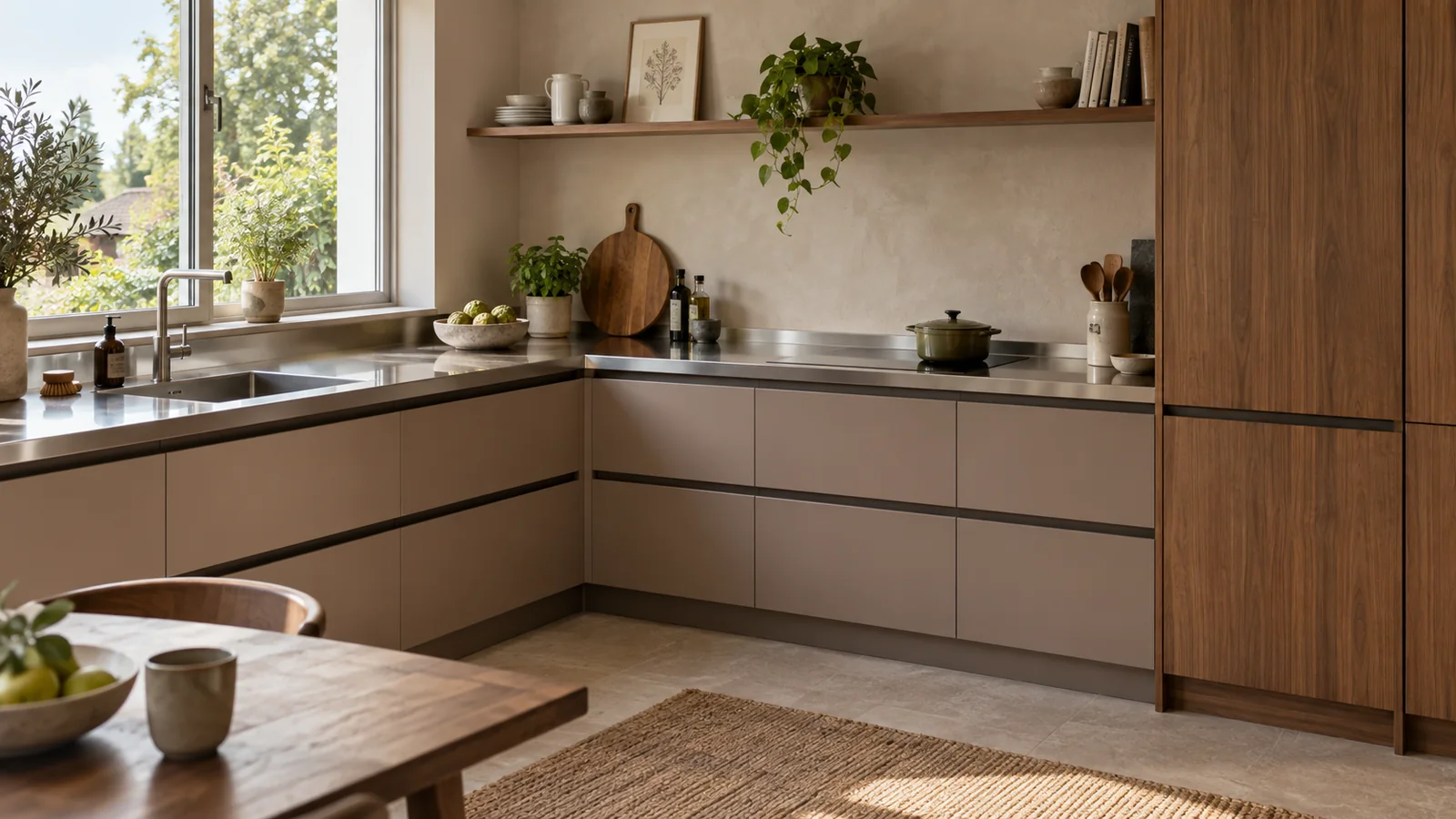 Warm taupe residential kitchen fronts with recessed grips beneath a thin stainless-steel worktop.
