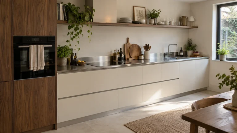 Cream and walnut home kitchen with a thin stainless-steel worktop and a clear preparation area.