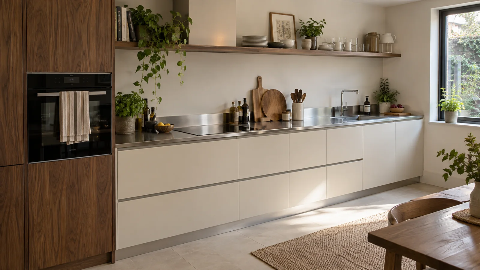 Cream and walnut home kitchen with a thin stainless-steel worktop and a clear preparation area.