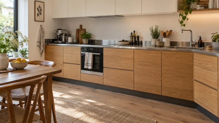 Oak-front residential kitchen with a stainless-steel worktop, recessed plinth and pale plank flooring.