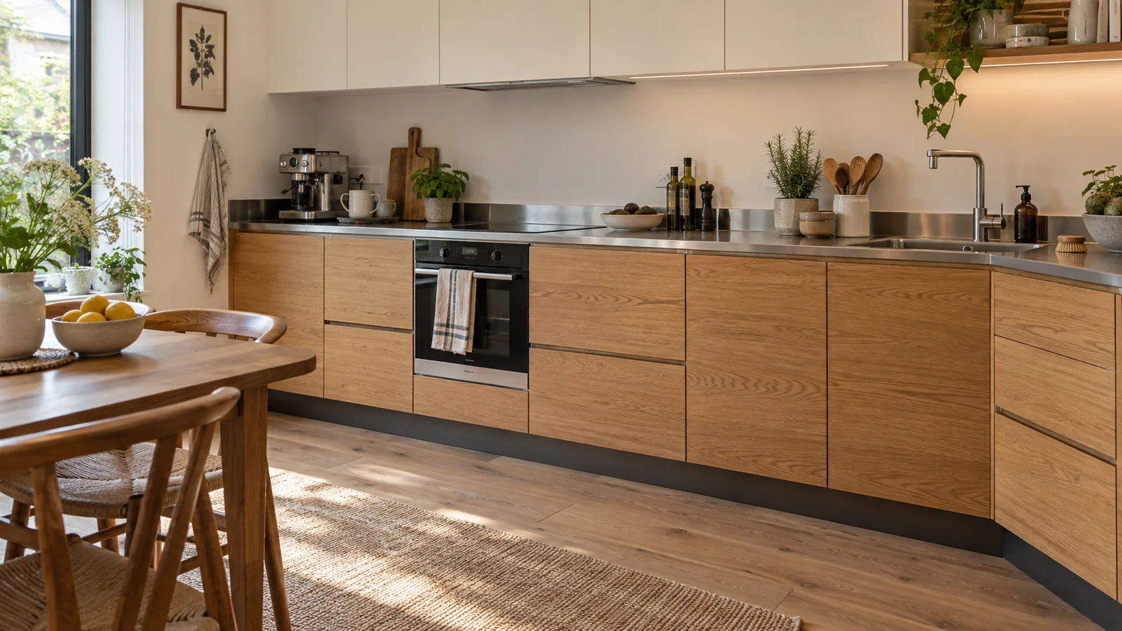 Oak-front residential kitchen with a stainless-steel worktop, recessed plinth and pale plank flooring.