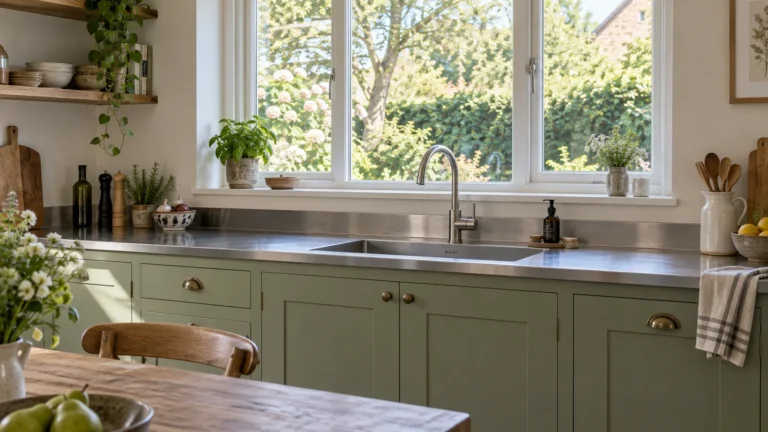Stainless-steel sink worktop beneath a wide kitchen window, with a low sill and single-lever tap.