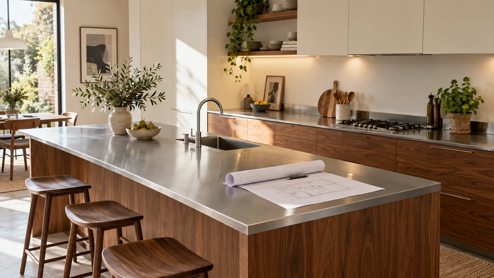 Residential kitchen with walnut cabinet fronts and stainless-steel worktops, with a floor plan on the island.