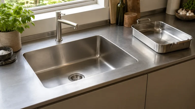 Wide single stainless-steel sink integrated into a thin worktop above warm taupe home kitchen fronts.