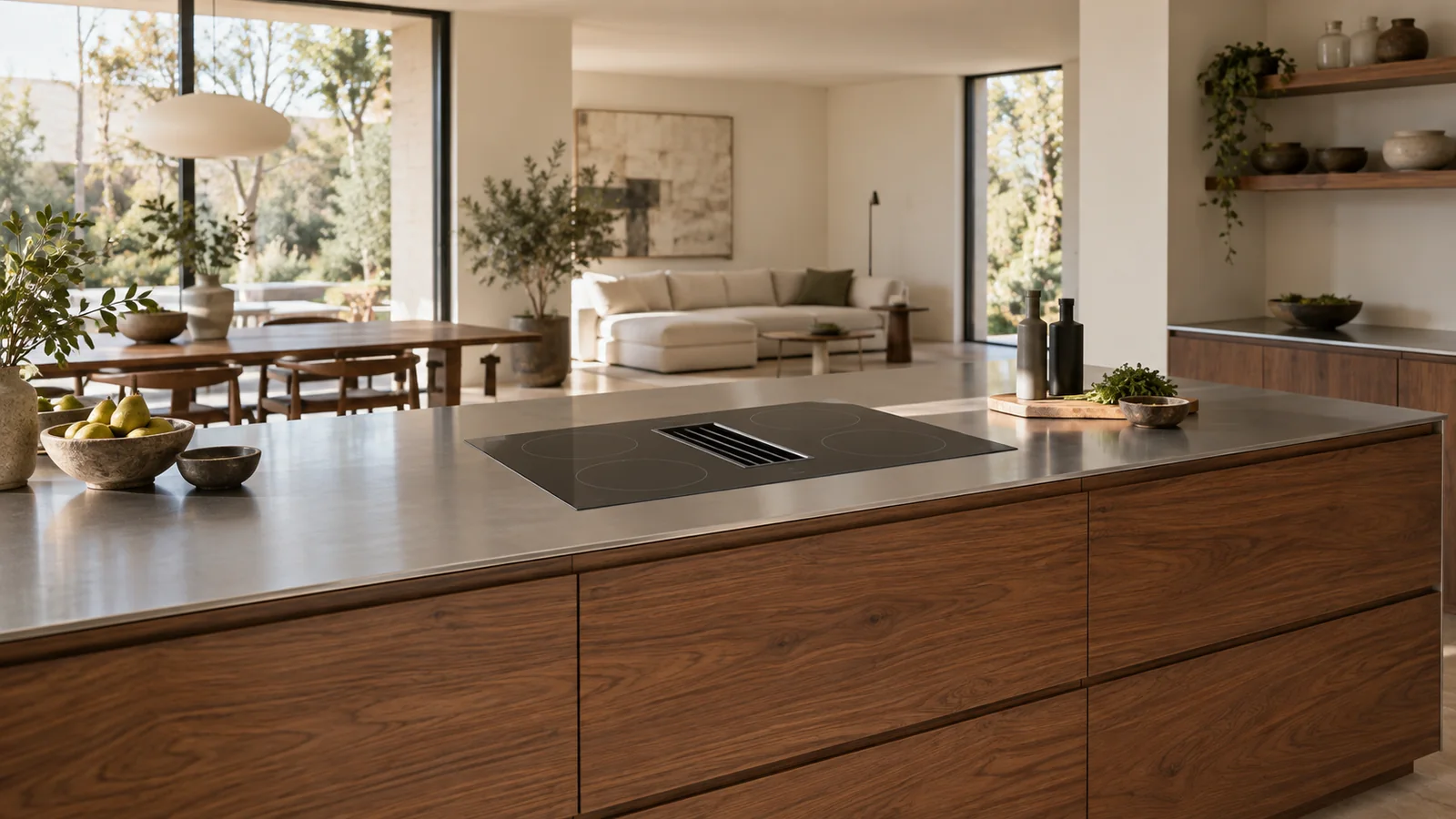 Walnut-front residential island with a thin stainless worktop and black induction hob with a central extraction inlet.