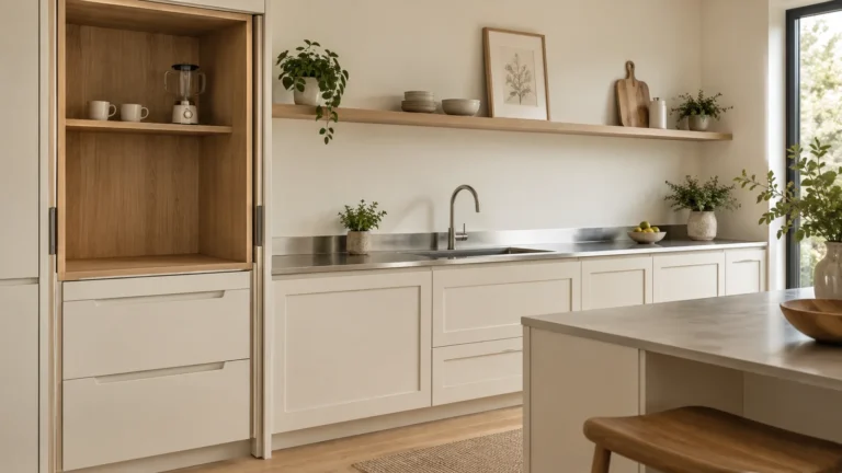 Cream residential kitchen with an open oak-lined appliance cabinet above a stainless-steel worktop.