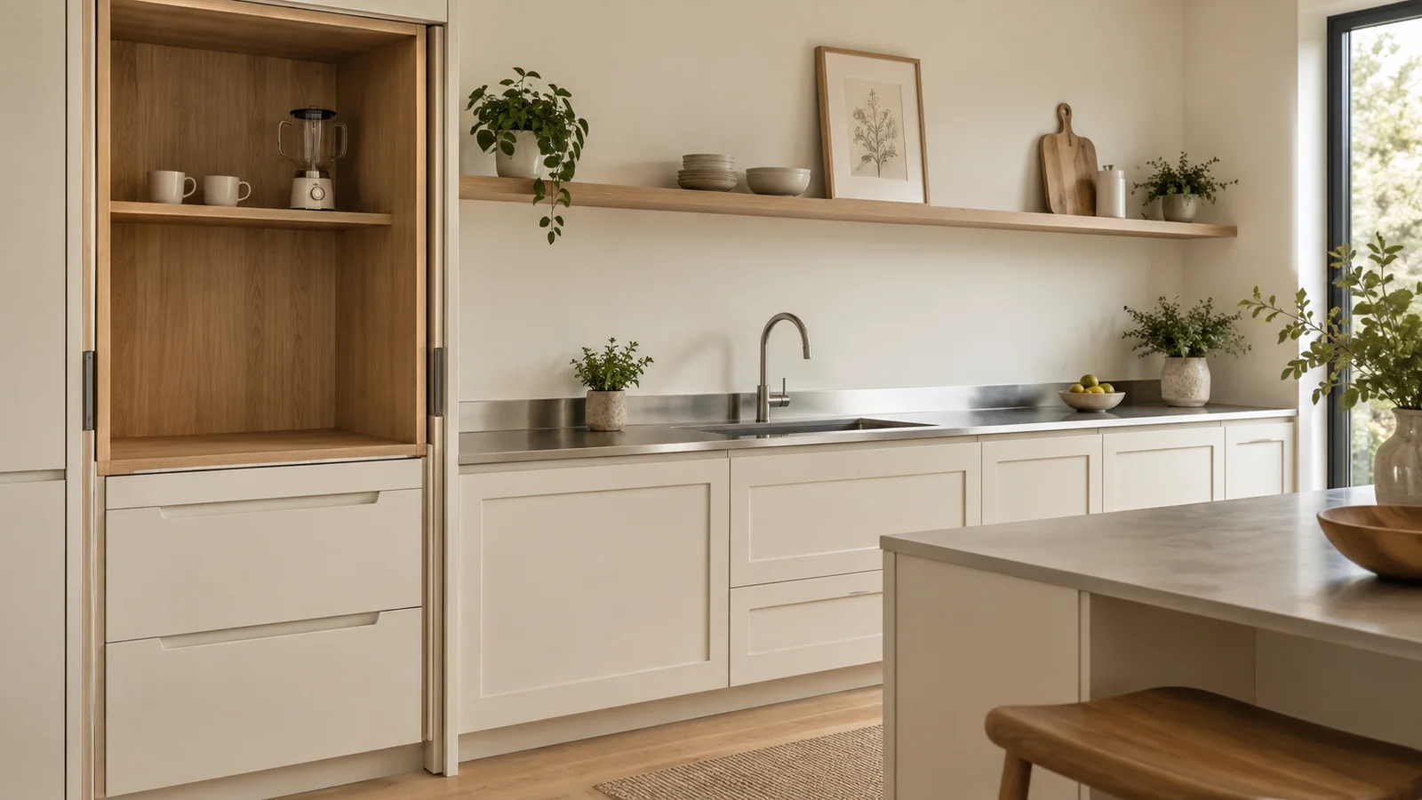 Cream residential kitchen with an open oak-lined appliance cabinet above a stainless-steel worktop.