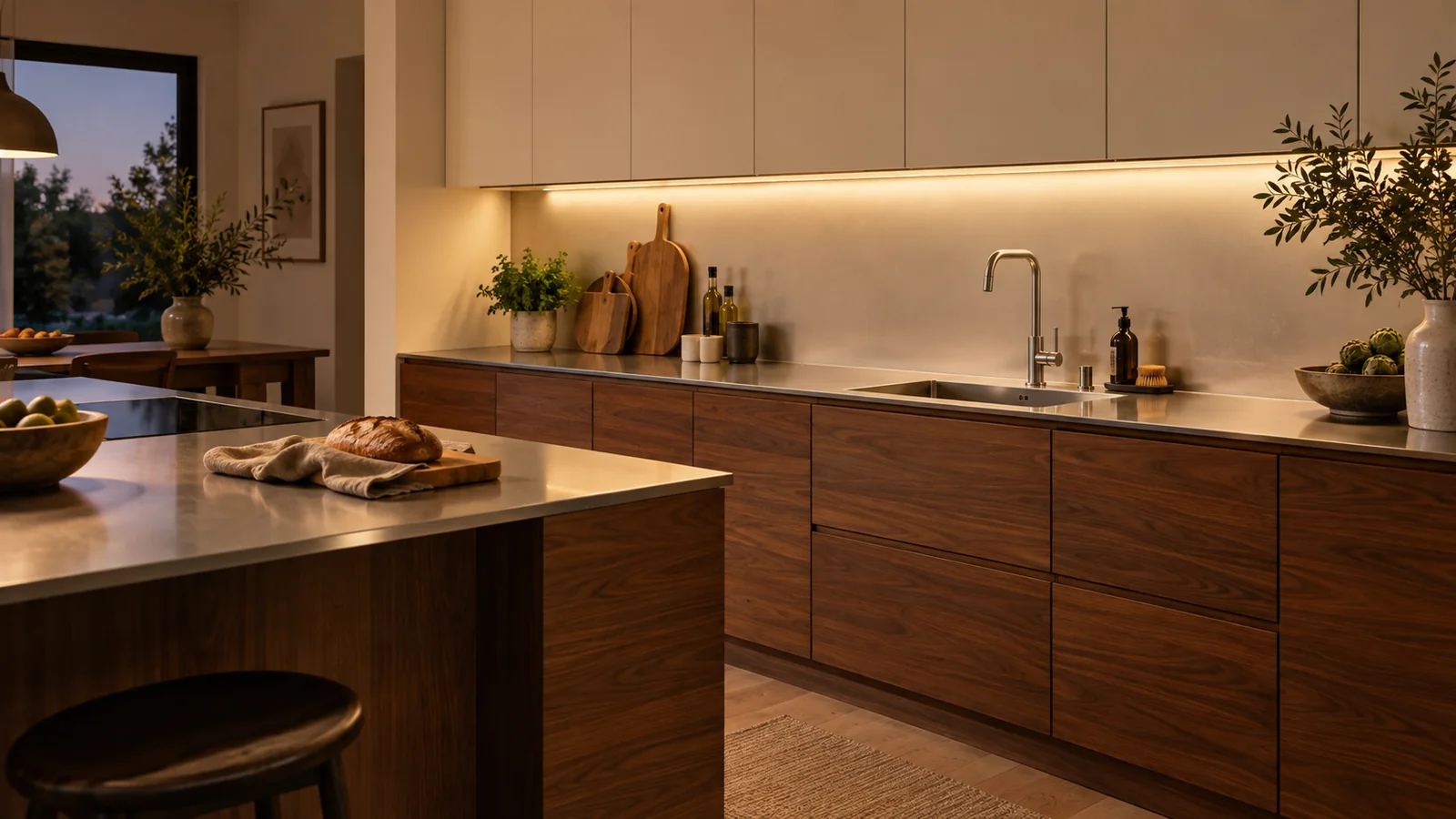 Softly lit walnut and cream home kitchen with a brushed stainless worktop and concealed linear cabinet lighting.
