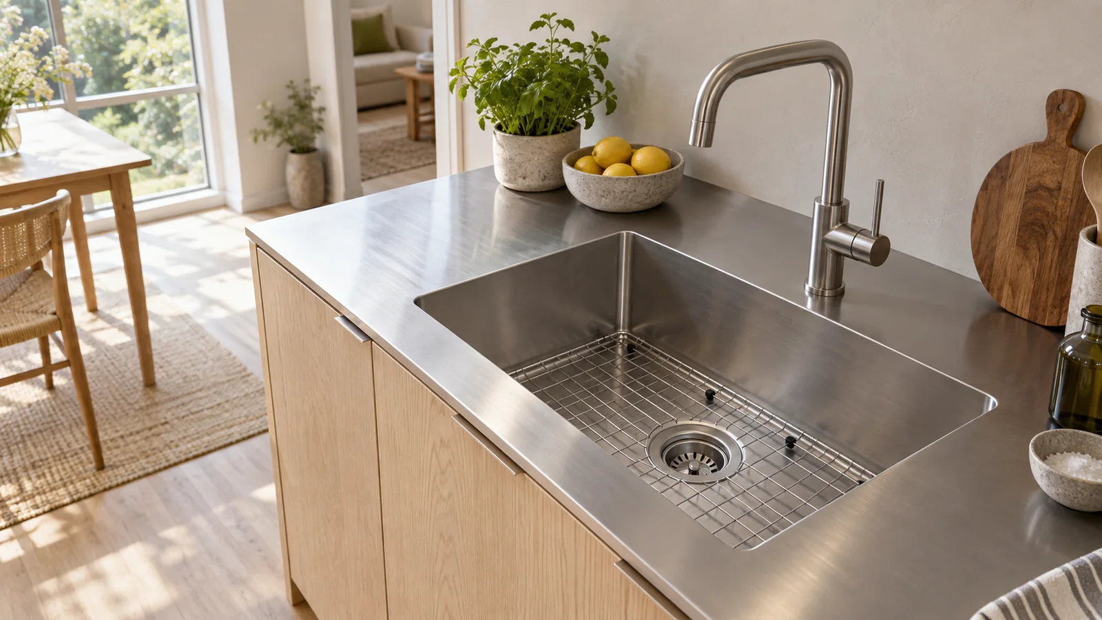 Rectangular stainless-steel sink with a fitted wire bottom grid above pale oak residential cabinet fronts.