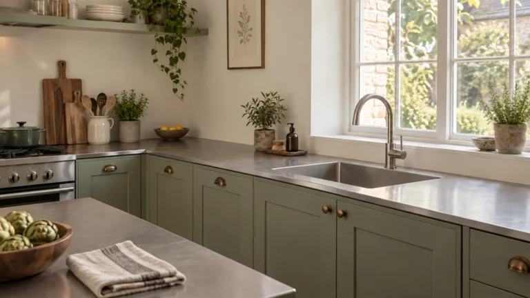 Muted sage home kitchen with a stainless-steel worktop, integrated sink and domestic curved mixer tap.