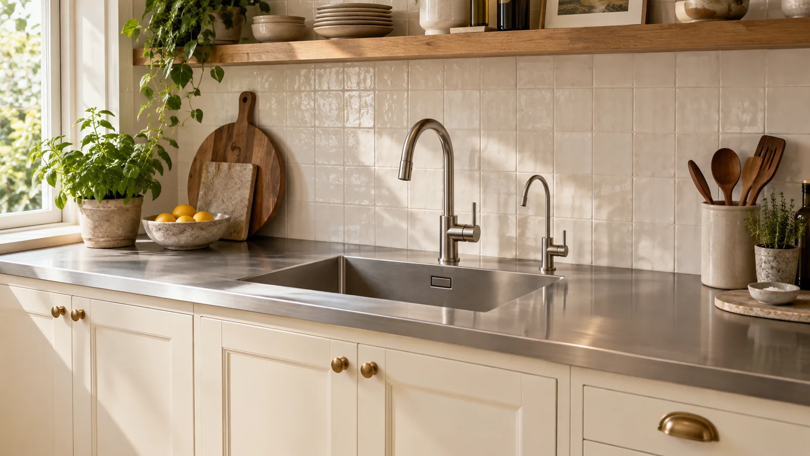 Cream-front residential kitchen with a steel worktop, integrated sink, main mixer and a separate small drinking-water tap.
