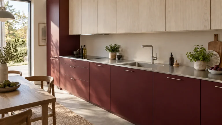 Pale ash and burgundy residential kitchen with an integrated stainless-steel sink above a closed sink cabinet.