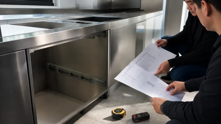 Project team reviewing cabinet drawings during a stainless-steel kitchen installation