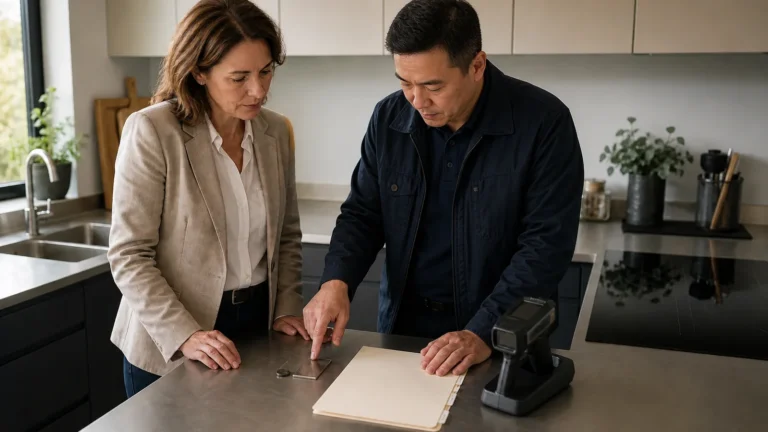 Buyer and inspector reviewing a magnet, retained stainless coupon, blank records and alloy analyser on a kitchen worktop