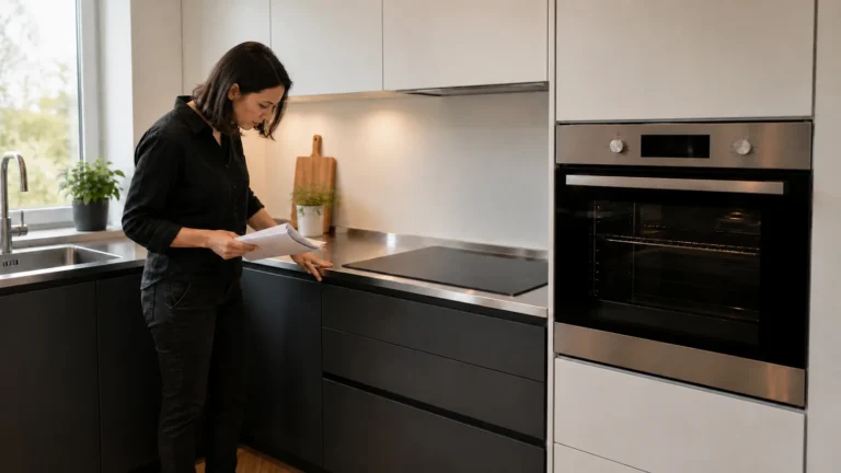 Kitchen designer reviewing an induction cooktop and oven interface with charcoal fronts and a stainless-steel worktop