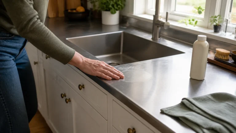 Warm white residential cabinets below a brushed stainless-steel worktop as a homeowner inspects a pale cleaner mark near the sink