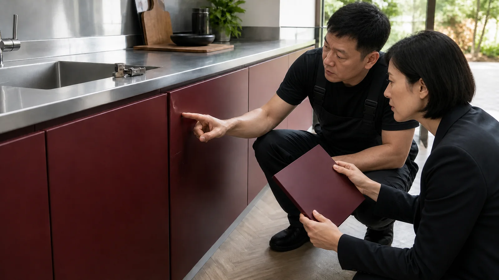 Service team assessing a dented burgundy residential cabinet front beside a stainless-steel worktop and matching sample