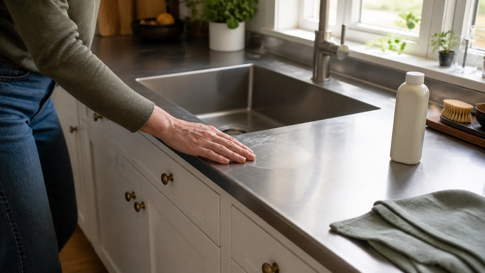 Warm white residential cabinets below a brushed stainless-steel worktop as a homeowner inspects a pale cleaner mark near the sink