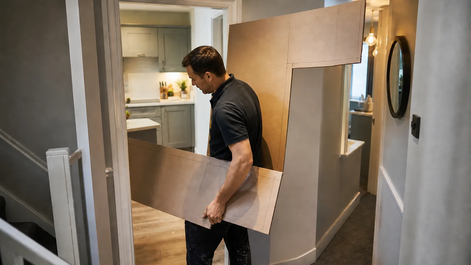 Installer checking a full-size lightweight worktop template through a residential doorway before fabrication