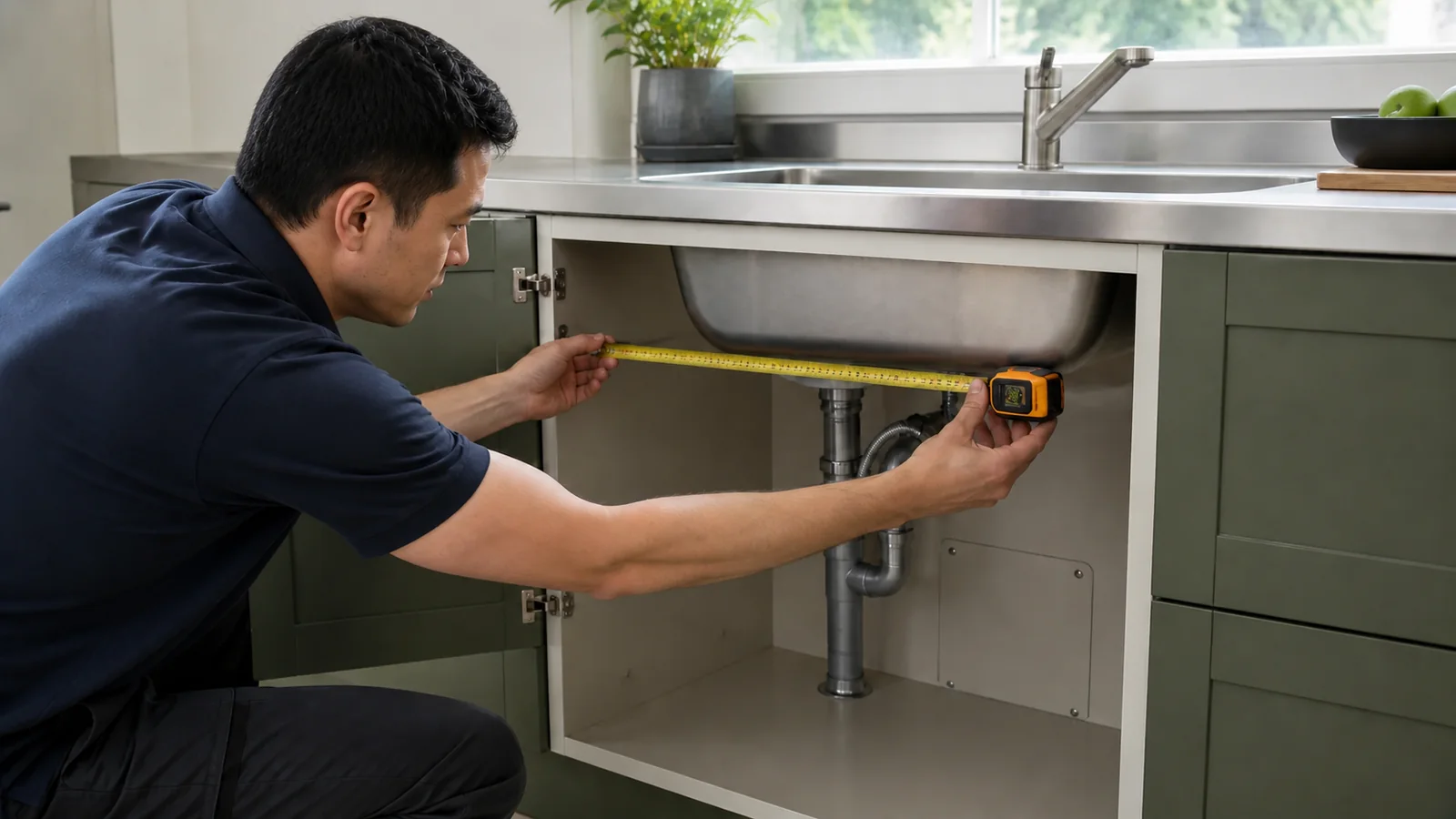 Residential under-sink cabinet open while a specialist measures access below a welded stainless-steel bowl