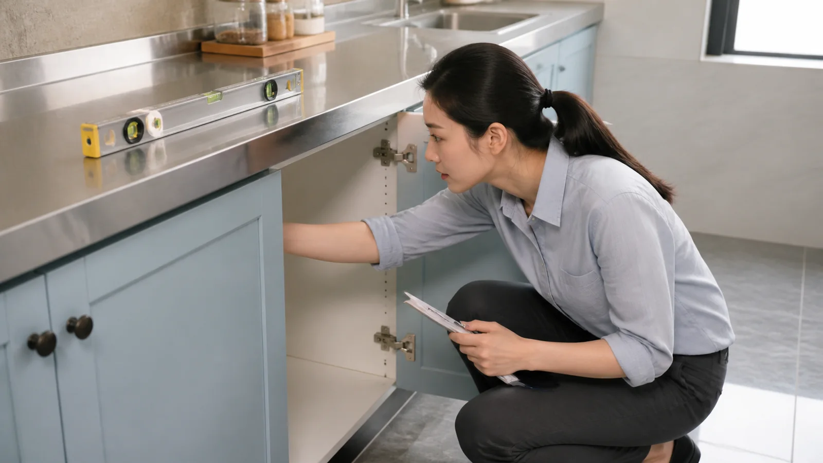 Chinese kitchen surveyor inspecting an open cabinet below a stainless worktop.