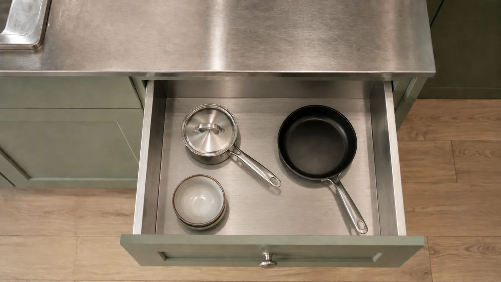 Pots, a frying pan and bowls contained inside a metal drawer with a sage front.