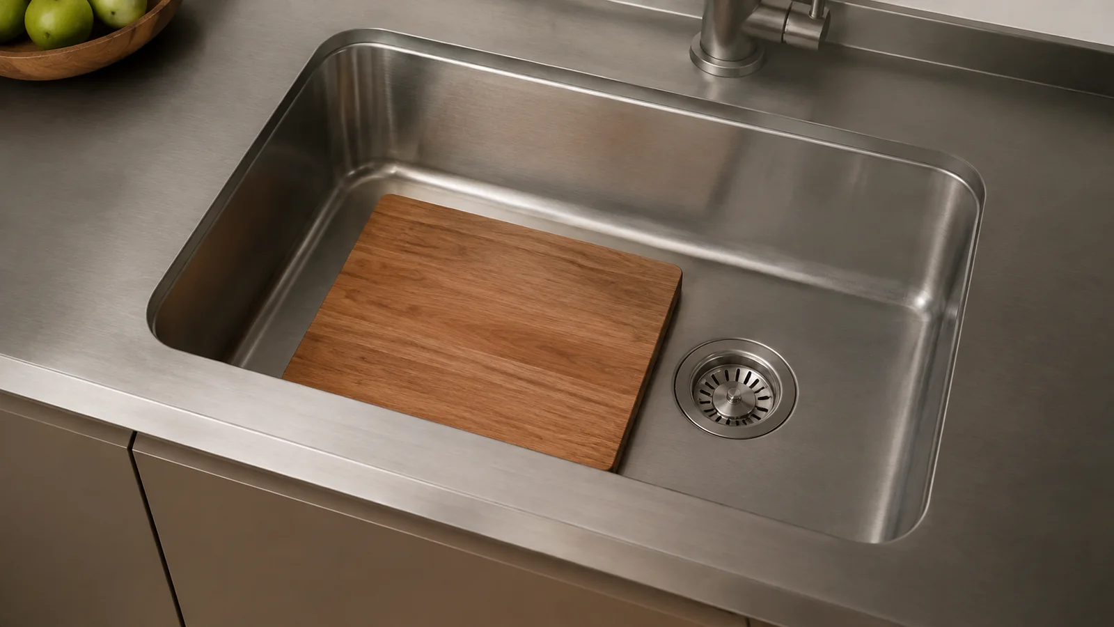 Chopping board inside a rounded-corner stainless sink beside the drain.