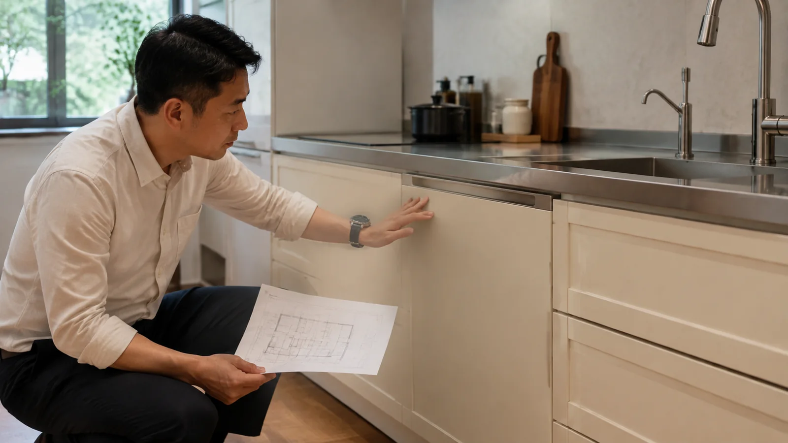 Chinese kitchen designer reviewing a plan beside an integrated dishwasher.