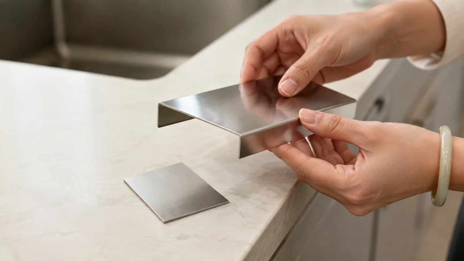 Hands holding a folded metal profile beside a separate flat stainless sample.