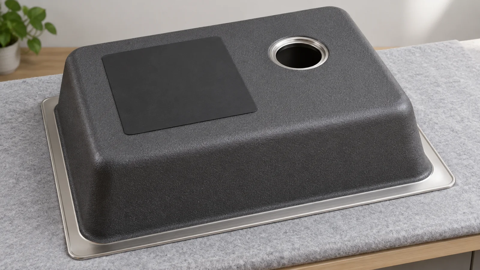 An inverted stainless-steel bowl with a textured dark underside coating and a separate smooth pad.