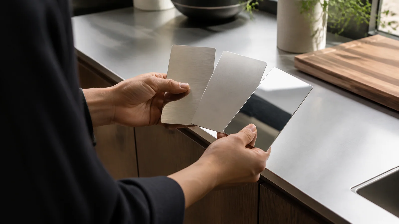 Designer tilting directional stainless-steel sample coupons above a residential worktop to compare grain and reflection
