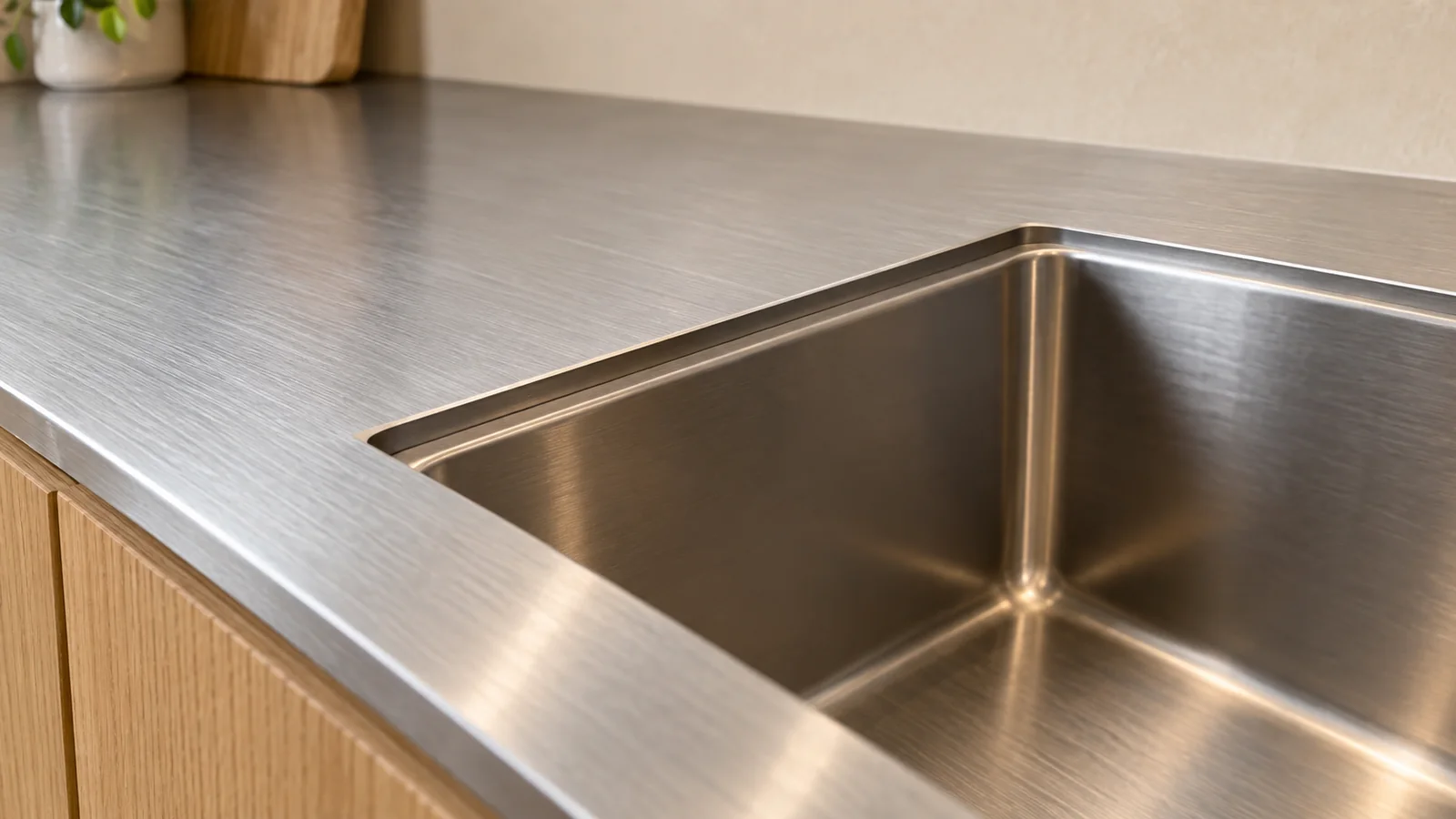 Close view of a separate undermount sink rim beneath a stainless-steel worktop opening.