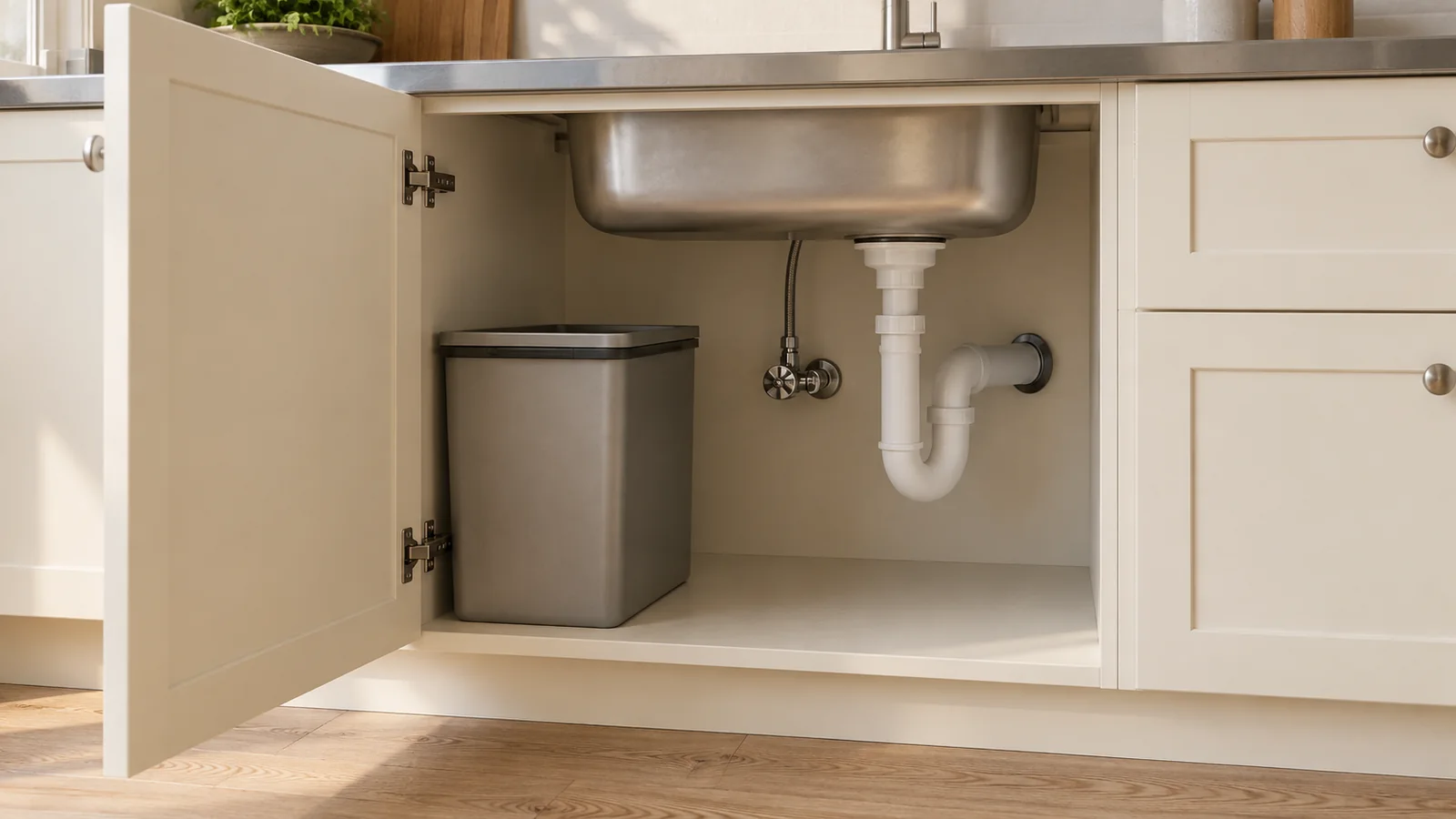 Open cream-front sink cabinet with a waste bin beside the drain trap.