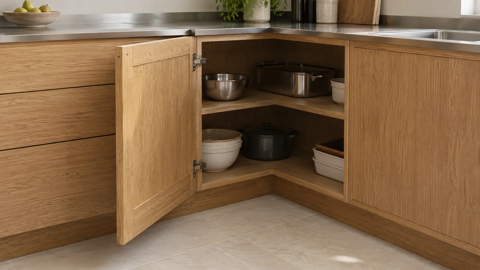 Open oak-front corner cupboard with fixed shelves extending into a deeper recess.