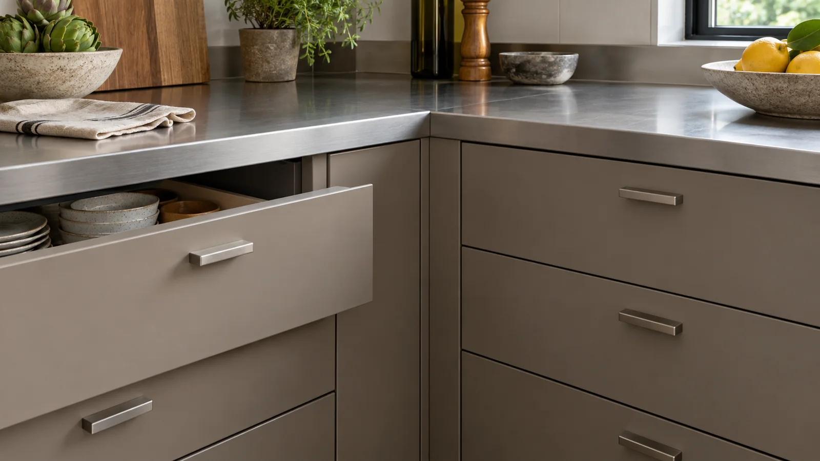 Taupe cabinet fronts at an inside corner, with one drawer open beside matching fixed strips.