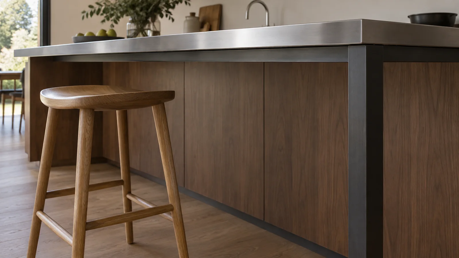 Dark horizontal frame and end leg beneath a stainless-steel island edge, with an oak stool alongside.