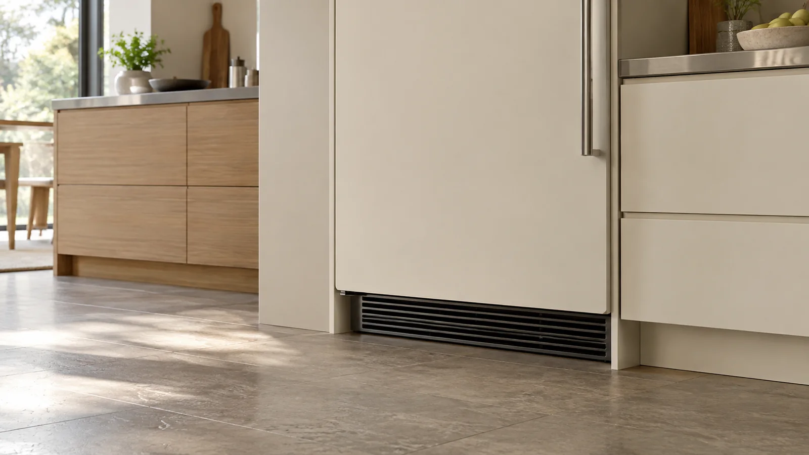 Unobstructed dark refrigerator ventilation grille below a cream decorative door panel.