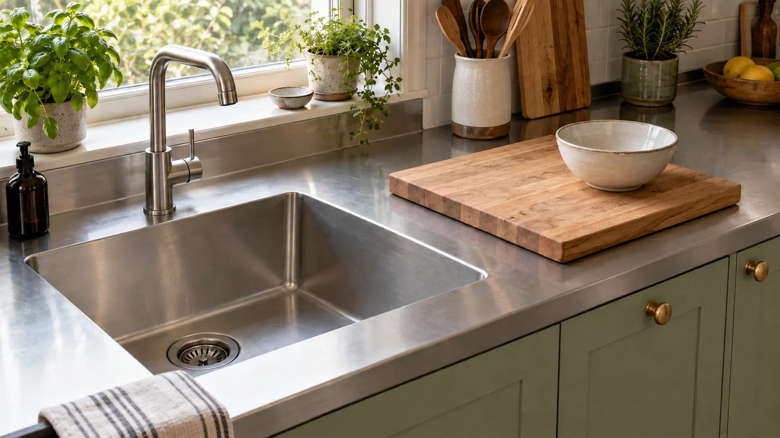 Chopping board and mixing bowl beside a rectangular stainless-steel sink in a home kitchen.