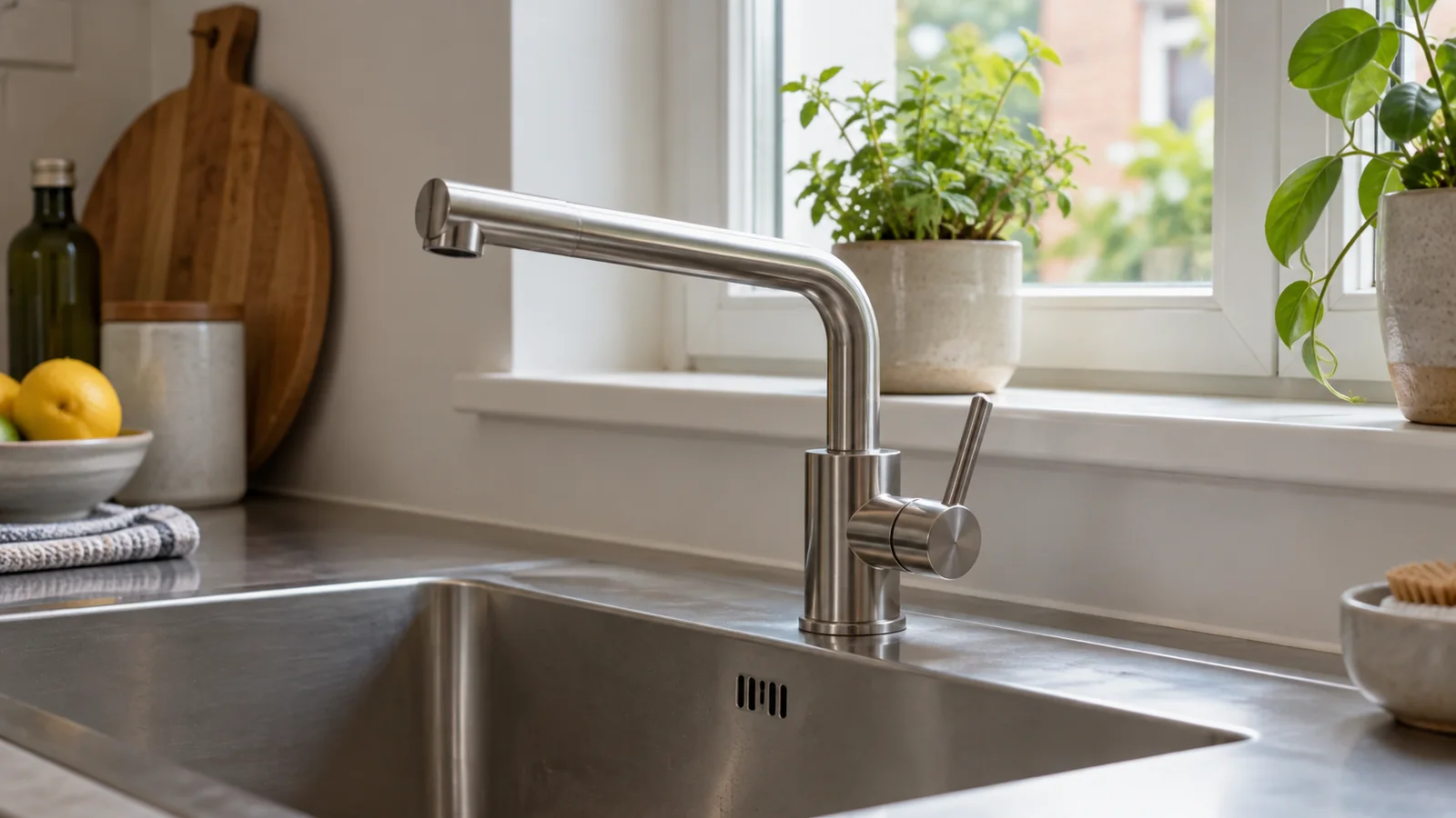 Side view of a kitchen tap and lever with space between the tap body and projecting window sill.