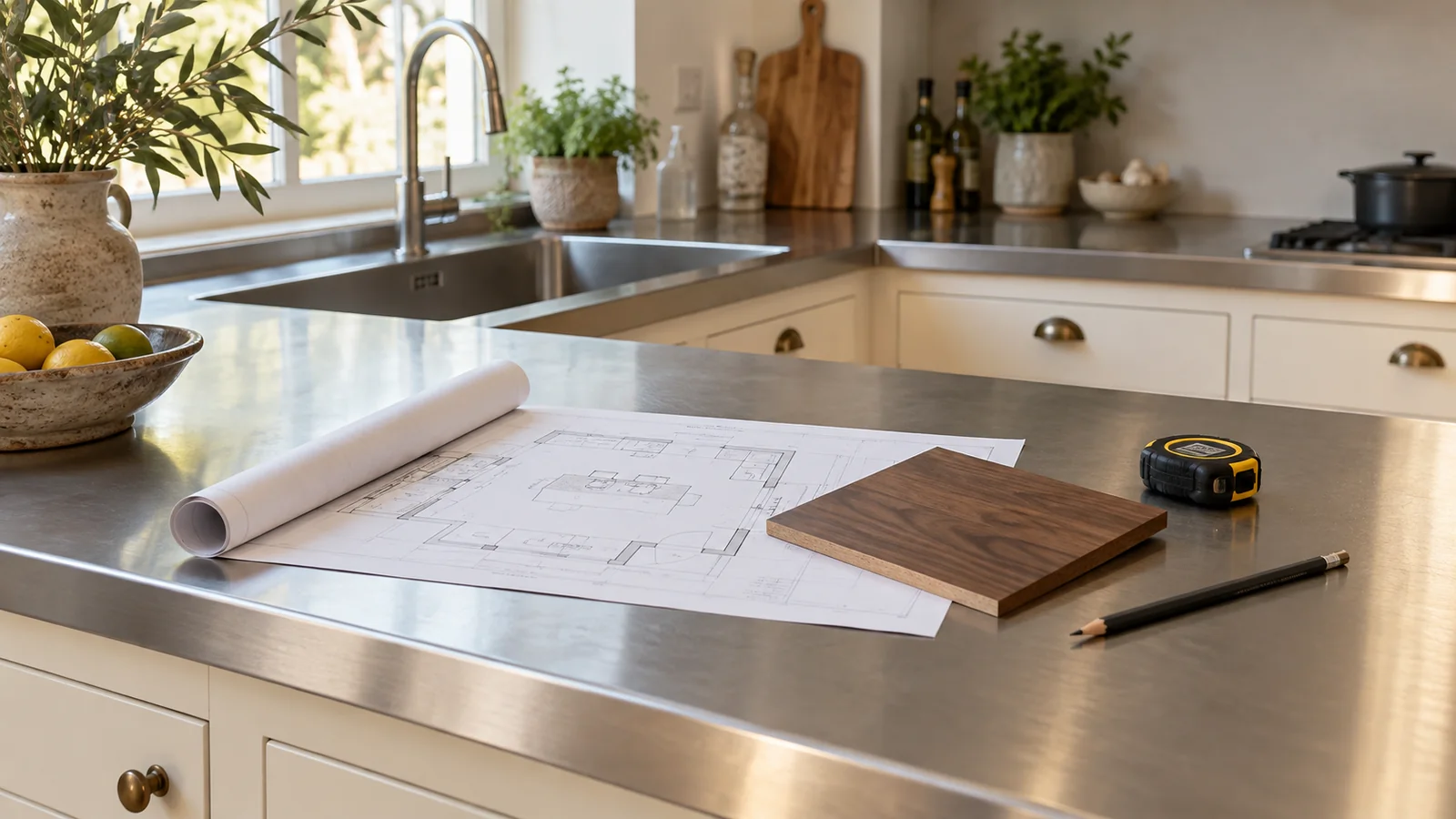 A rolled floor plan, cabinet-front sample and tape measure on a stainless-steel kitchen worktop.