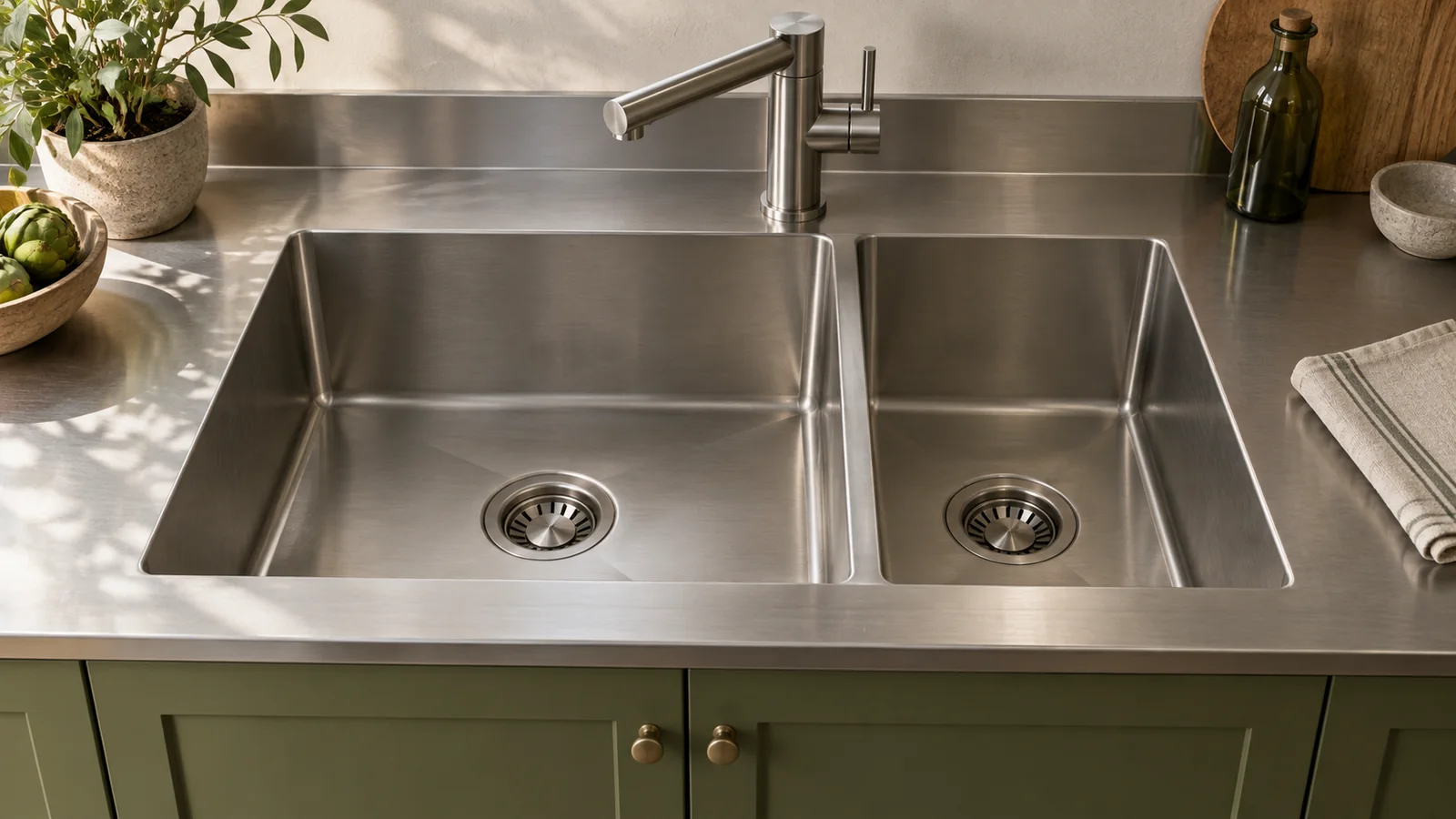 Offset double stainless-steel sink with a larger left bowl and smaller right bowl above olive residential cabinetry.