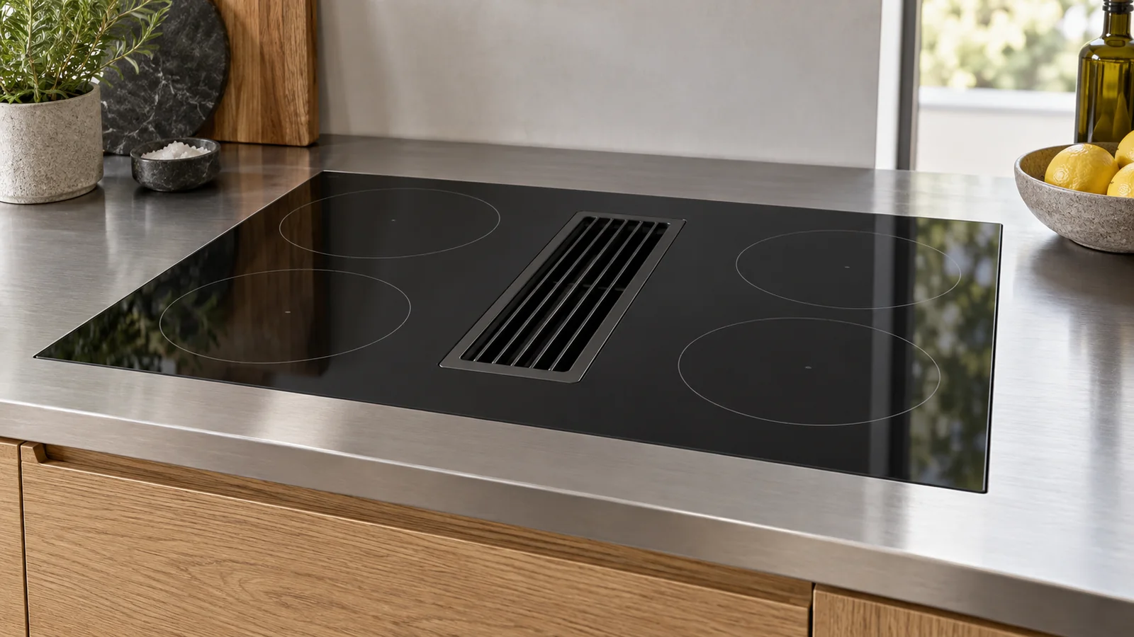 Close view of an unbranded induction hob with a central extraction grille set into a stainless-steel worktop.